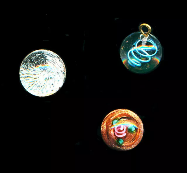 3 Lovely Glass Buttons; Silver Foil Paperweight, Encased Spiral, Sparkly Copper