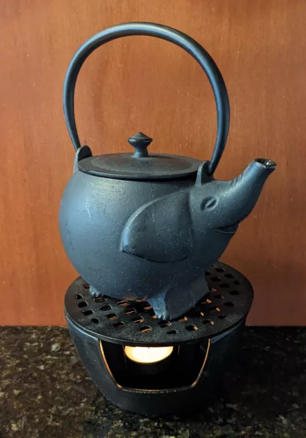 Japanese Inspired Elephant Cast Iron Teapot with Cast Iron Warmer