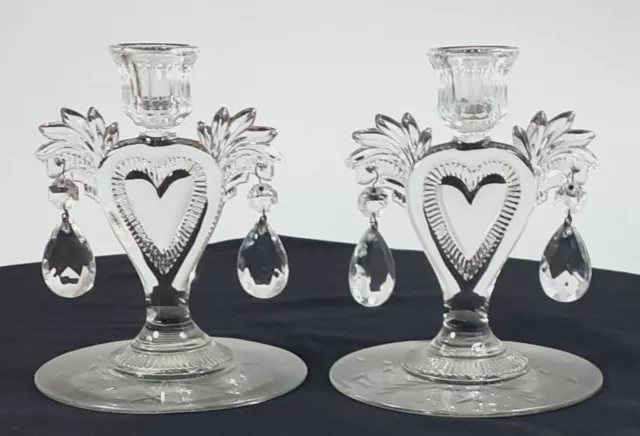 Pair Vintage Paden City Luli Heart Etched Candlesticks Crystal Prisms