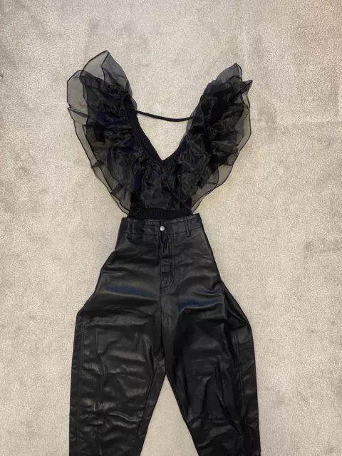 Zara Ribbed Black Bodysuit With Organza Ruffles Size S. BNWT