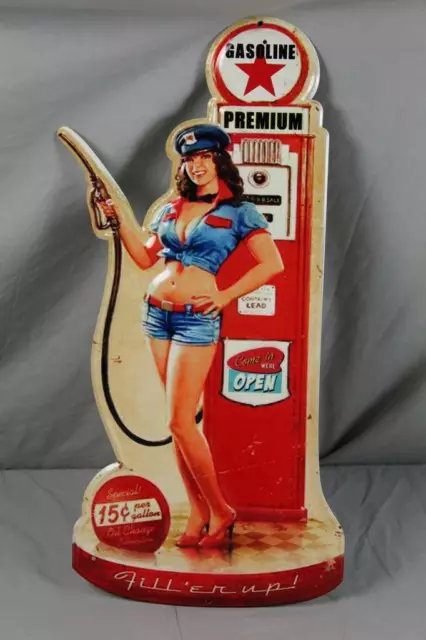 großes Vintage Blechschild - PIN UP Girl an Tankstelle Gasoline - ca. 60x27 cm.