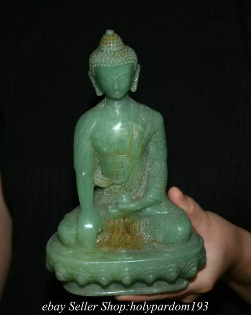 8" Old Chinese Natural Green Jade Carving Shakyamuni Amitabha Buddha Statue