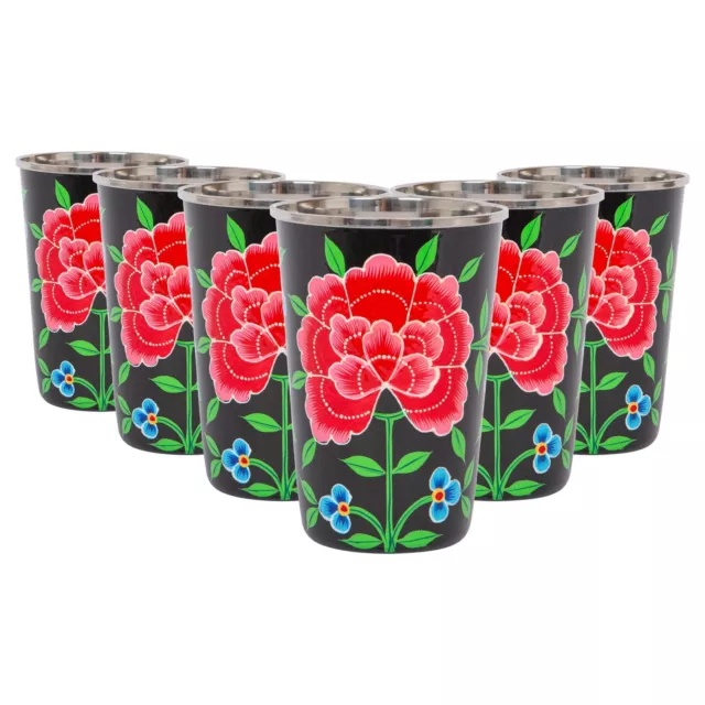 6x Noir Pivoine 400ml Acier Inoxydable Peinte à la Main Pique-nique Tasses