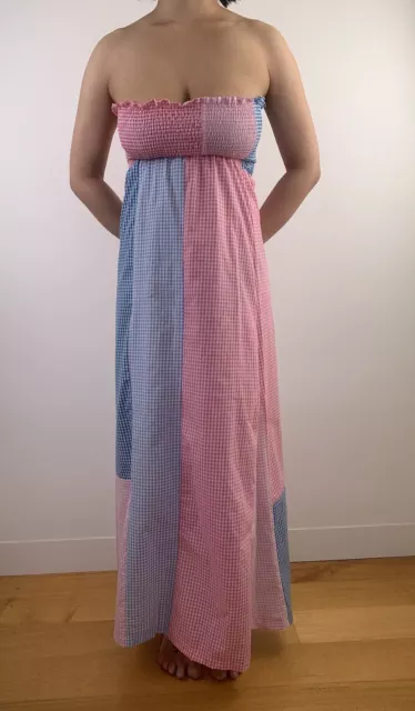 Vintage 1970s Maxi Dress Size XS Pink Blue Patchwork Gingham Boob Tube A-line