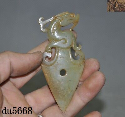 3"Rare Chinese Feng Shui Hetian Old jade carved Dragon Ax amulet Pendant statue