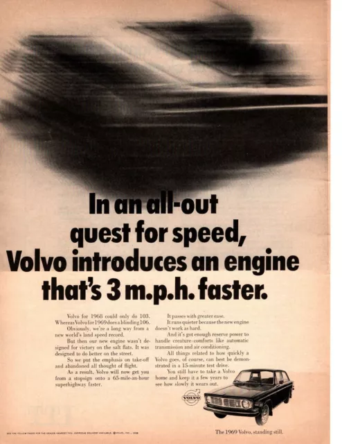1969 Volvo 106 Miles Per Hour Top End Speed Blue "Quest For Speed" Print Ad