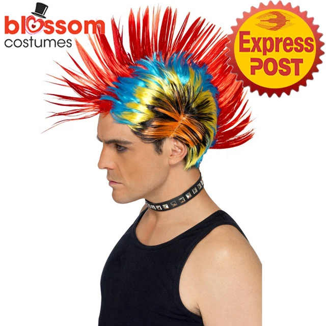W968 80's Street Punk Mohawk Multicolour Wig Hair Rainbow 1980s Costume Rock