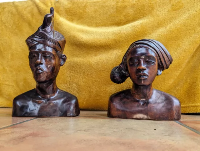 Balinese couple, two busts from BALI, Indonesia 1960s woodcarving