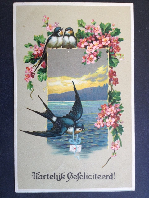 Stunning ANTIQUE Fantasy Embossed POSTCARD Birds Bird FLOWERS POSTCARD