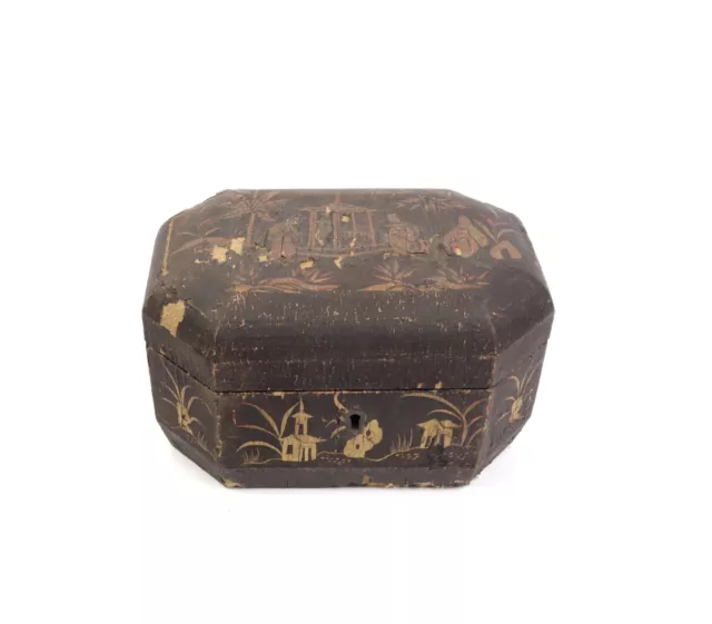 Antique Chinese Export Gilt Lacquer Tea Caddy Box w Pewter Inserts