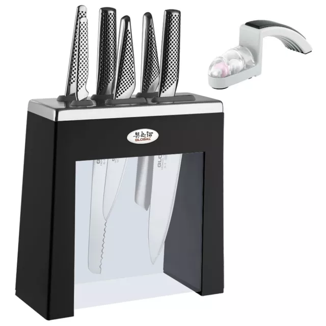 GLOBAL KABUTO BLACK 7pc & Bonus Sharpener Knife Block Set Japanese Knives