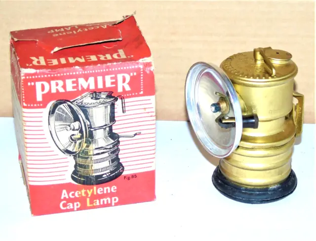 Vintage New Old Stock Premier Brass Miners Carbide Acetylene Cap Lamp In Box