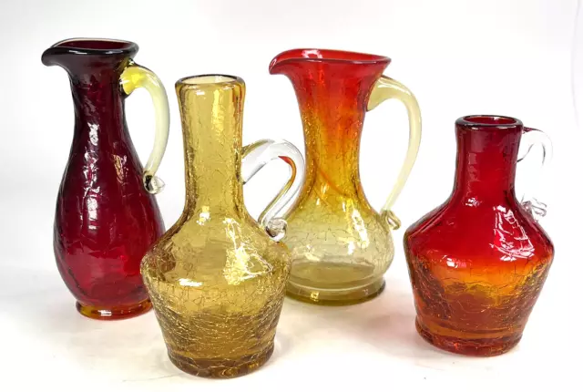 Vintage Crackle Glass Mini Pitches Vases Amberina Art Glass Hand Blown Lot of 4