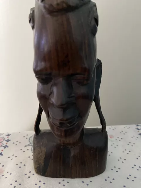 VINTAGE African Wood Hand Carved Bust Dark Wood Figure Head Sculpture