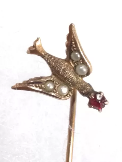 VICTORIAN 10K GOLD SEED PEARL & RED BIRD Dove SWALLOW STICK PIN .8 GRAMS