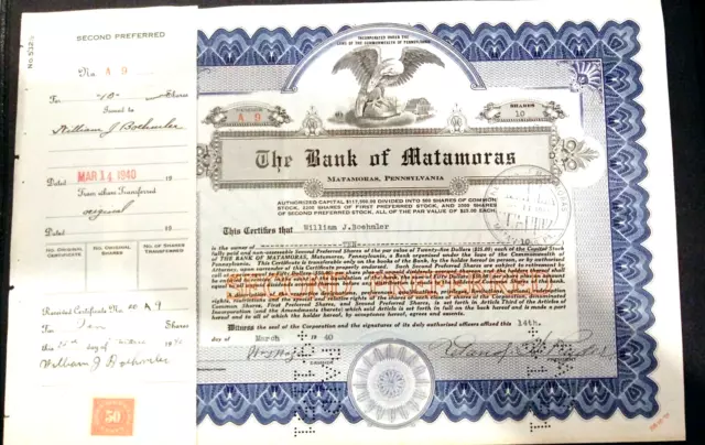 Banque De Matamoras, Pennsylvania~Brochet County~ Série #9 ~ Stock Certificat