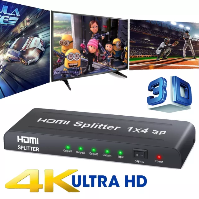 4K 2K 1080P 4 Way HDMI Splitter Amplifier Duplicator 1 in 4 out Hub 3D Ultra HD