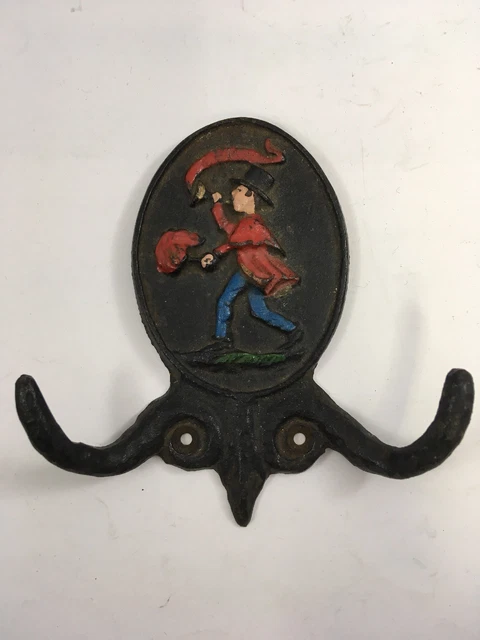Cast Iron Wall Coat Hooks Top Hat Man Blowing Horn Figure Vintage Set of 2 8