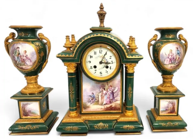 Stunningly Fine 19th C. French Porcelain Garniture Mantle Clock Set