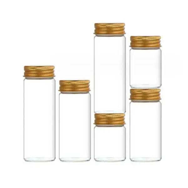 5ml - 200ml Empty Transparent Glass Storage Bottles with  Aluminum Gold Caps