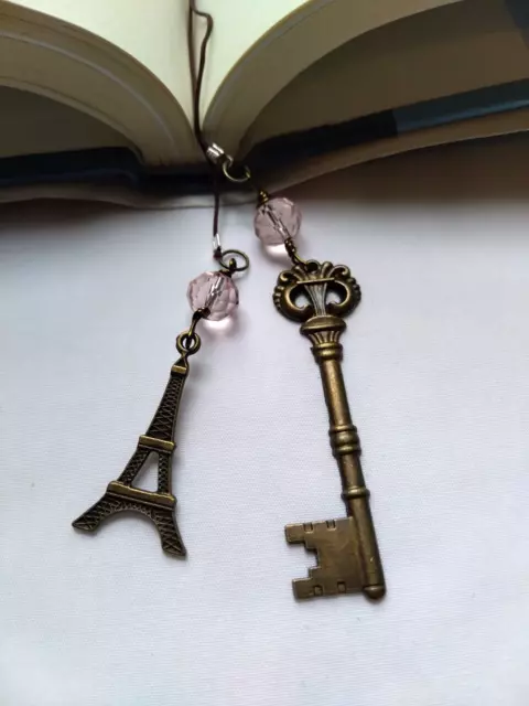 Paris Eiffel Tower Key Book Thong Bookmark Pink Glass Beaded Journal Planner