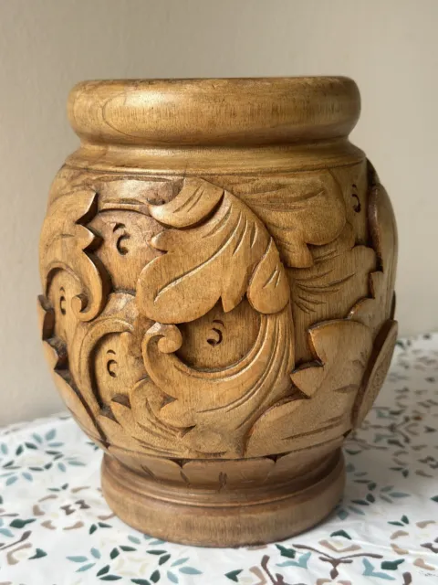Asian Balinese Hand Carved Floral Mahogany Wood Vase Bali Art Pot Market 9" SK