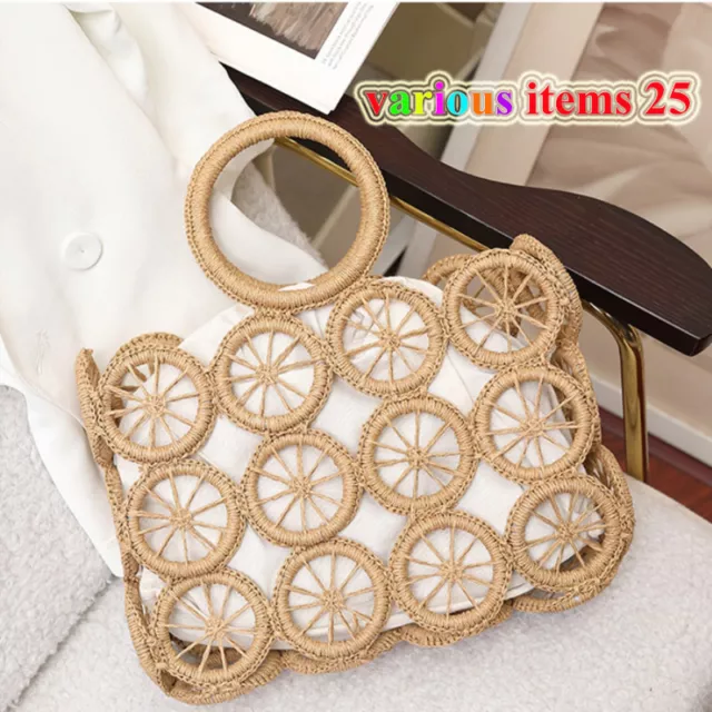 Round Straw Beach Bag Vintage Handmade Woven Shoulder Bag Raffia circle Rattan