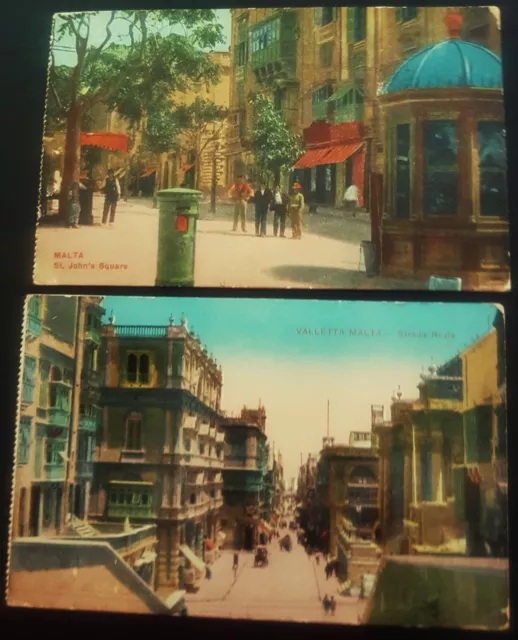 Vintage Malta ""Johannisplatz und Valletta Strada Reale"" Postkarten