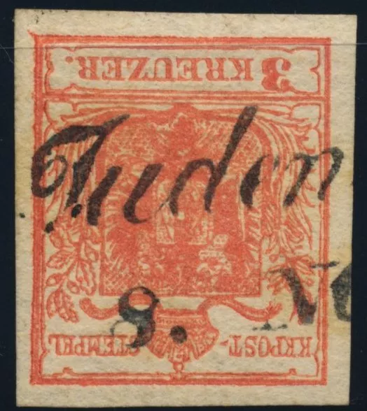 ÖSTERREICH 1850 3kr HP, Type III. RANDDRUCK! KARTONPAPIER:0,12mm! JUDENBURG (St)