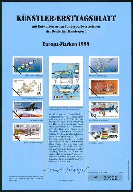 Germany Art-Sheet 1988/11 Europa Cept Plane Computer Isdn Pc Unissued Drafts!!