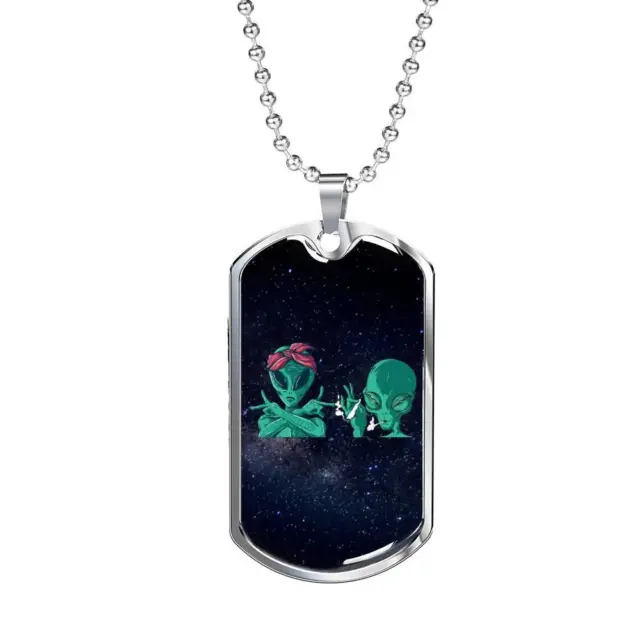 Cool Aliens Necklace UFO Alien Fan Gift Stainless Steel or 18k Gold Dog Tag 24"