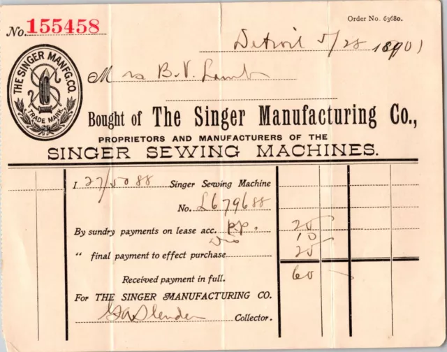 1901 Singer Manufacturing Company Sewing Machine Receipt for Payment - Ephemera