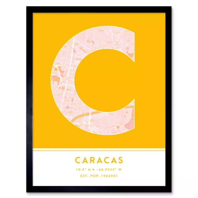 Caracas Venezuela City Map Typography Framed Wall Art Print 12x16 In