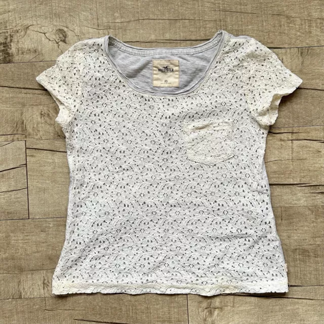 Hollister Lace Front Cream Gray White Pocket Crochet T-Shirt Tee Boho XS