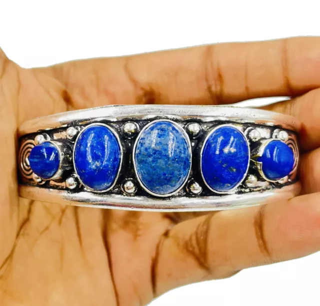 925 Sterling Silver Lapis Lazuli Gemstone Handmade Jewelry Men's Cuff Bracelet