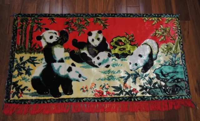 Vintage Pandas Wall Hangings Velvet Rug 21'' x 38'' Pictorial Tapestry silky
