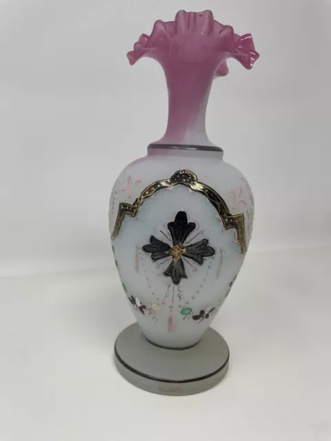 Fenton Opalescent Pink Ruffled Vase Hand Painted-Numbered Cross& Flower Mirage