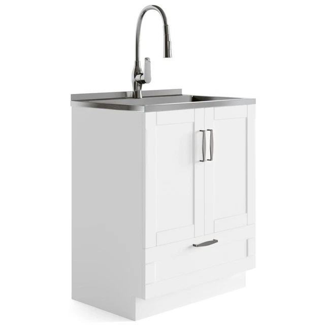 Simplihome Reed Transitional 28" Deluxe Laundry Cabinet And Stainless Steel Sink