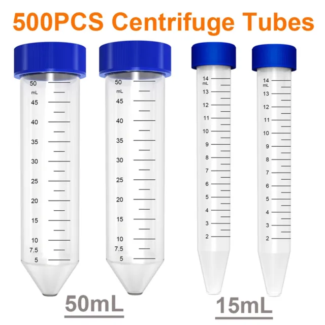 (500PCS) 15mL/50mL Sterile Centrifuge Tubes+Caps Conical Bottom Polypropylene US