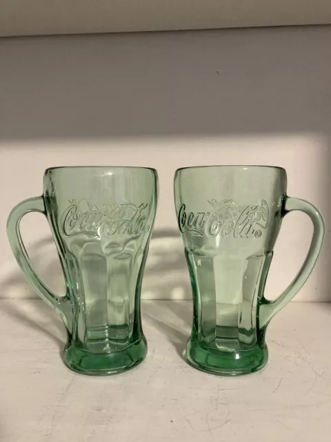 Vintage Libbey Heavy Green Glass Coke Coca Cola Handled Soda Fountain Mugs (2)