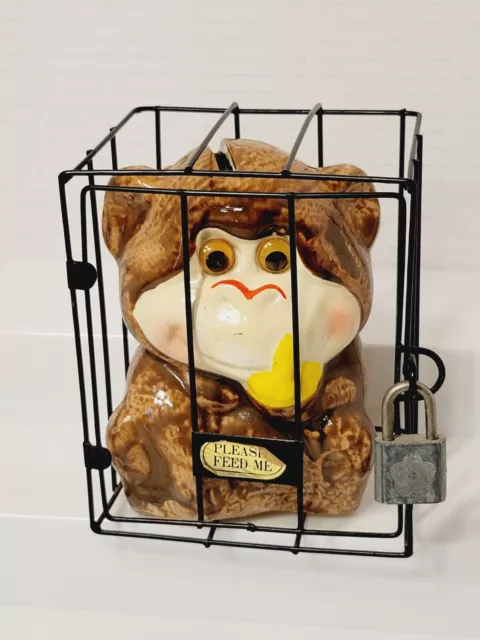 Monkey In A Cage Ceramic Piggy Bank - Vintage - No key included