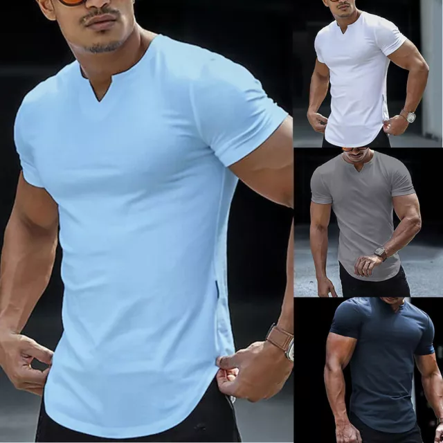 Men V-Neck Henley T-Shirt Tops Short Sleeve Slim Fit Golf Muscle Casual Blouse ☆