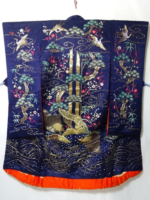 Japanese Kimono Uchikake Luxurious Wedding Embroidery Pure Silk Crane Navy K143