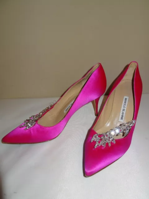 Manolo Blahnik Nadira Jeweled Satin Pump, Hot Pink 37.5/ US 7.5. Italy