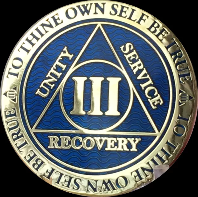 3 Year AA Medallion Blue Gold Plated Alcoholics Anonymous Sobriety Chip Coin