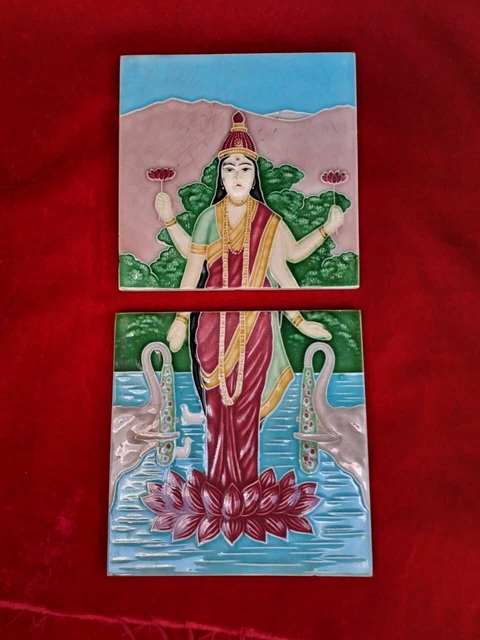 2 Pc 1 Set God Laxmi Ji Design Embossed Majolica Ceramic Old Tiles Japan 0377 3