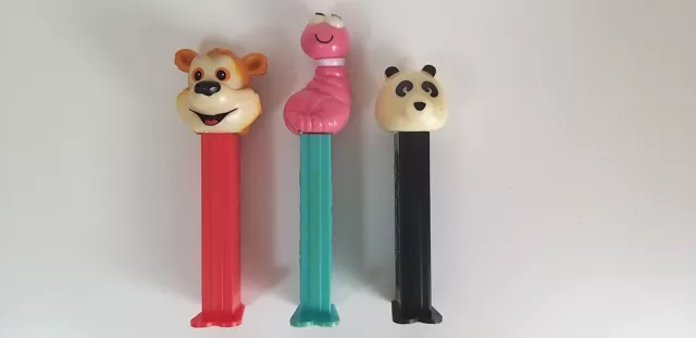 3 vintage PEZ dispensers FAO Schwarz Bear, Clumsy Worm, Panda, 1999-2000