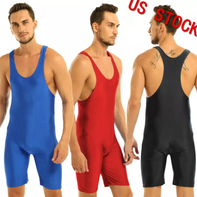 US Men Bodysuit Wrestling Singlet Leotard Vest Top Boxer Shorts Mankini Swimsuit