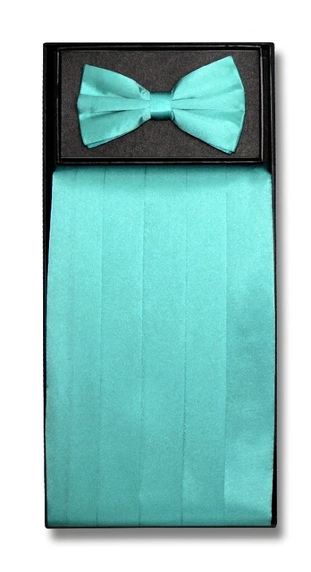 SILK Cumberbund & BowTie Solid AQUA GREEN Color Men's Cummerbund Bow Tie Set