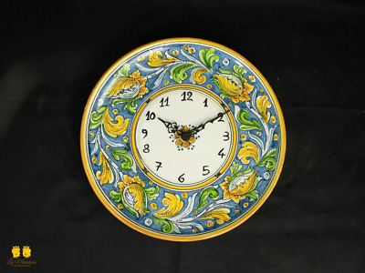 Orologio Ceramica di Caltagirone Ornato Barocco Fiori Blu Antico 31cm